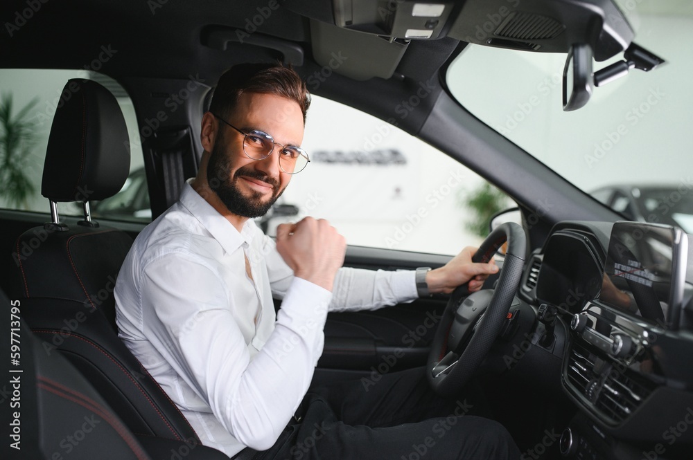 Man confident customer male buyer client wear white shirt choose auto want buy new automobile in showroom vehicle dealership store motor show indoor Sales concept. Man confident customer male buyer client wear white shirt choose auto want buy new automobile in showroom vehicle dealership store motor show indoor Sales concept.