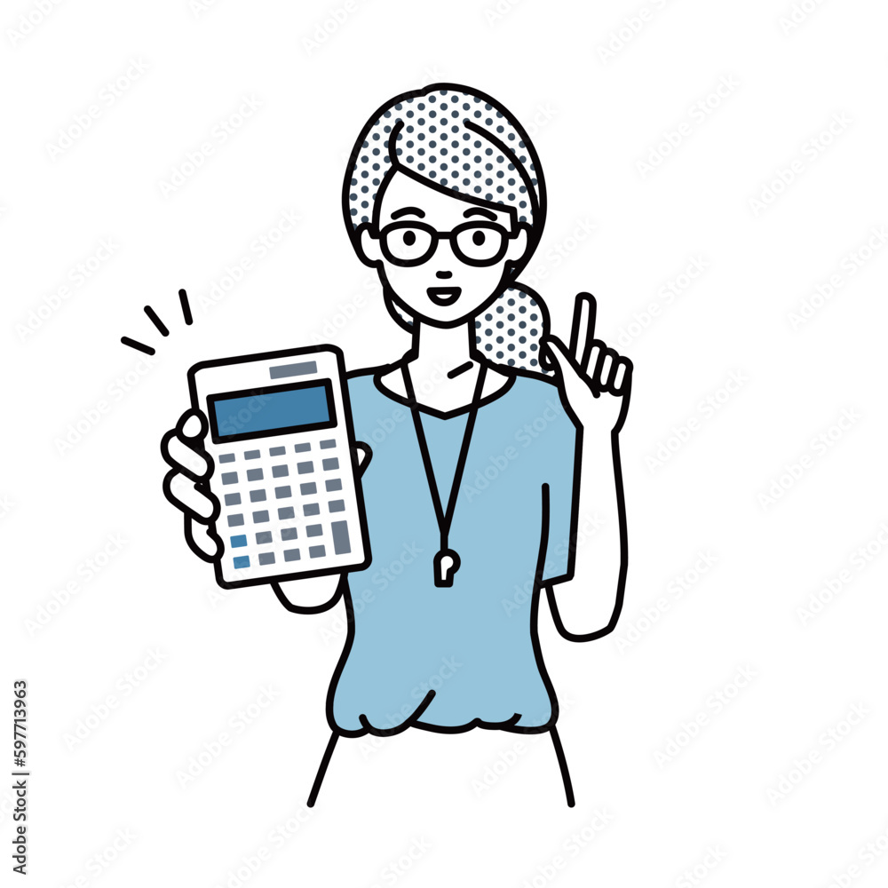 立って電卓を持ってこちらに向けて見せている教師の女性 立って電卓を持ってこちらに向けて見せている教師の女性