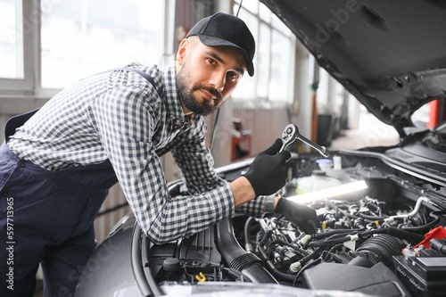 Handsome Car Mechanic is Posing in a Car Service.