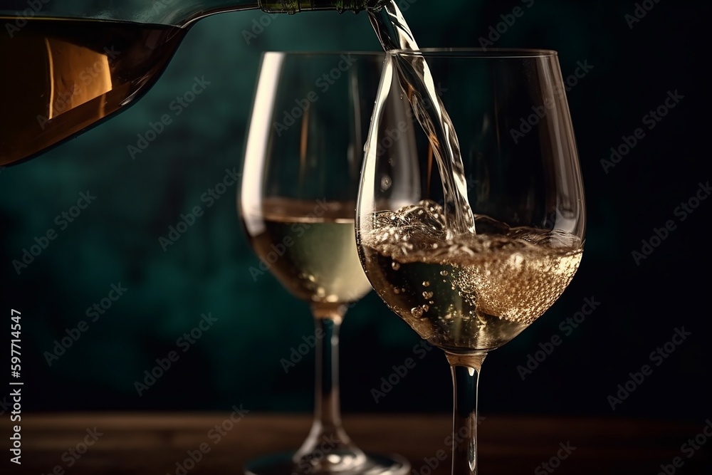 close up view of white wine from a bottle pouring into two wine glasses copy space with blue bokeh light background Generative AI close up view of white wine from a bottle pouring into two wine glasses copy space with blue bokeh light background Generative AI