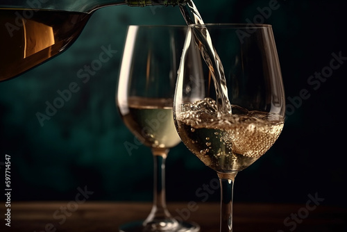 close up view of white wine from a bottle pouring into two wine glasses copy space with blue bokeh light background Generative AI