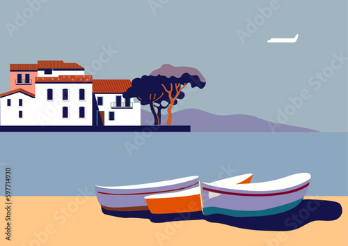 Mediterranean landscape with town and boats