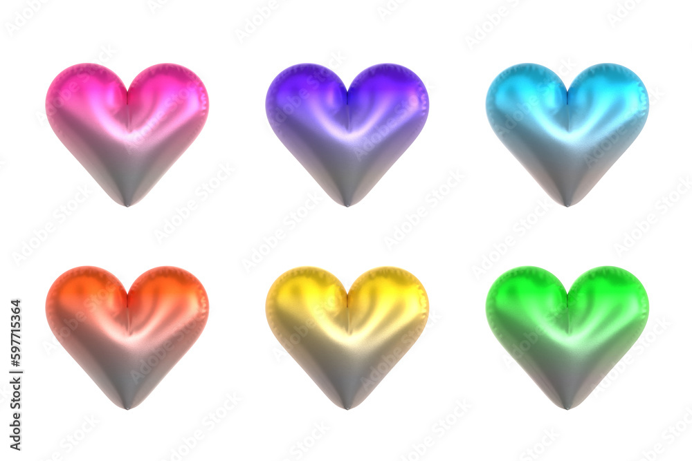 Glossy balloon style 6 color gradient 3D heart set