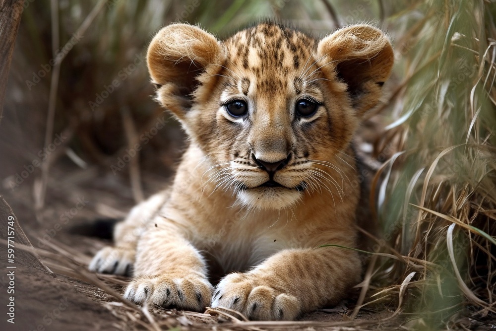 Lion Cub Relaxing in Natural Habitat, Generative AI Lion Cub Relaxing in Natural Habitat, Generative AI