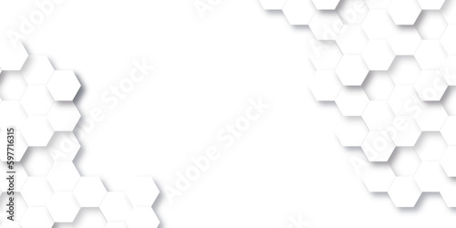 Abstract white background with hexagonal shapes and Surface polygonal pattern with glowing hexagons background. hexagon concept design abstract technology background.