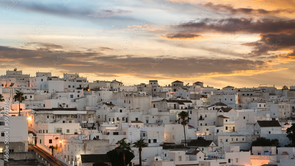 Beautiful Andalusian Pueblo Blanco (white village) at sunset. Vejer de la Frontera is one of the most beautiful Pueblos Blancos in Cádiz province, Andalusia, Spain.