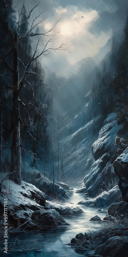 Φωτογραφία A painting of a valley covered in snow, in the style of dark fantasy, realistic lighting, luminosity of water, flowing silhouettes, fairy tale