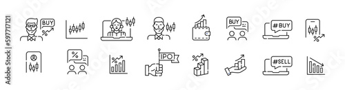 Stock market trading strategies. Financial investment growth. Trader, IPO, app. Pixel perfect, editable stroke icons set