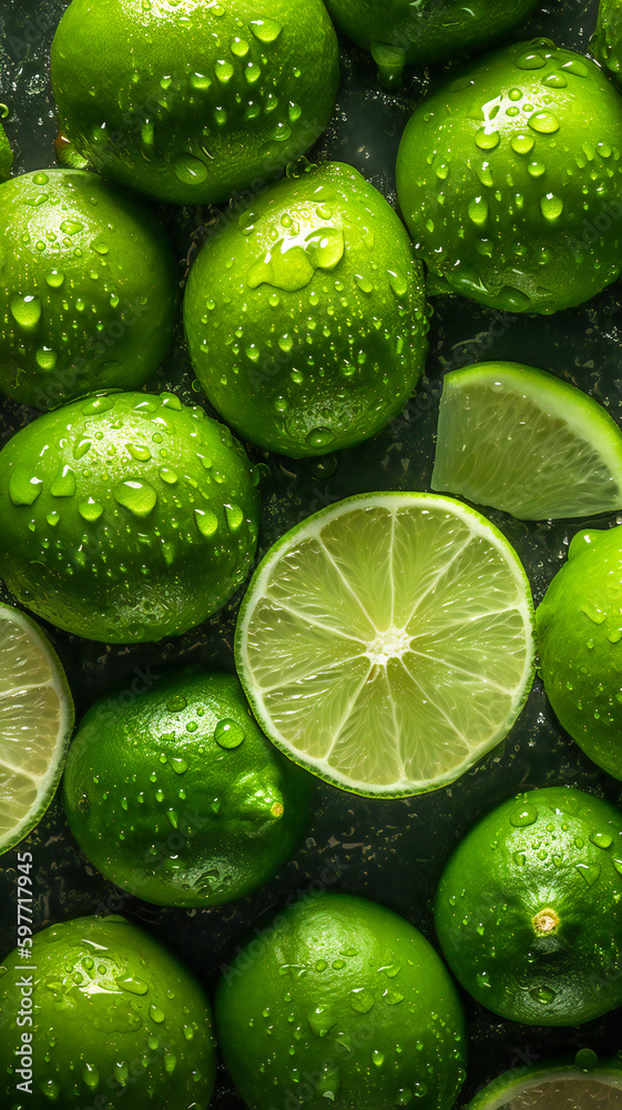 Fresh green limes with water drops on them. Created with Generative AI technology. Fresh green limes with water drops on them. Created with Generative AI technology.