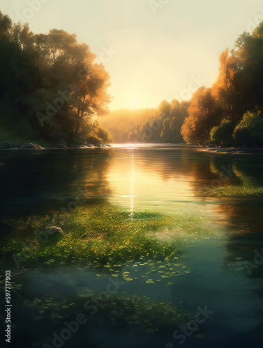 A peaceful lake surrounded by lush greenery and trees  with a realistic yet slightly artistic style. AI generative