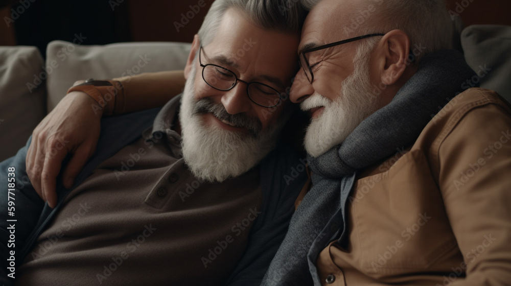 Fototapeta premium An older gay couple sitting on sofa at home. Generative AI image