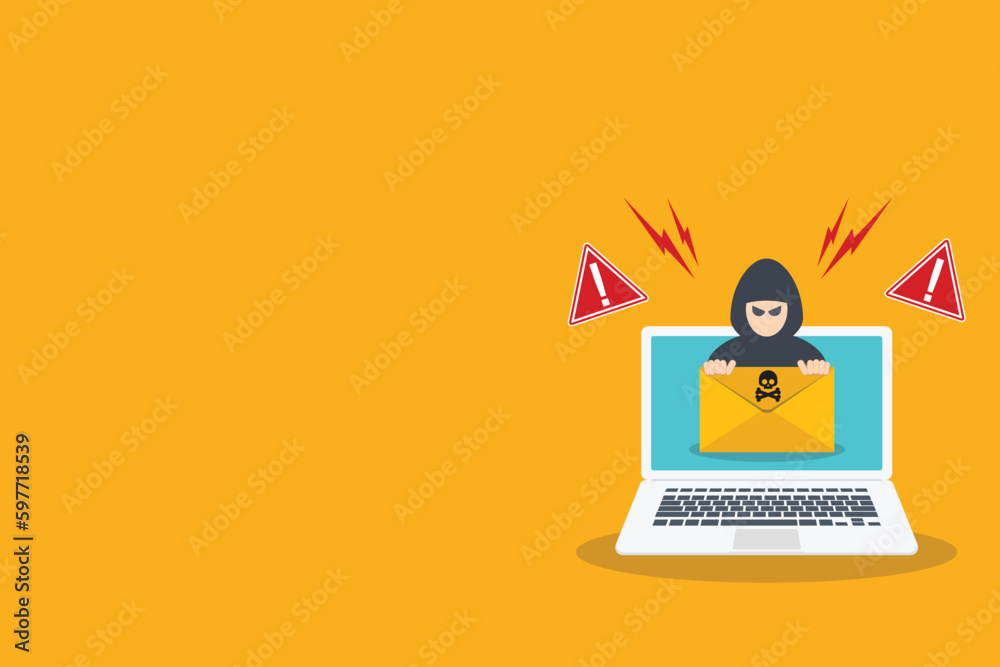 Hacker, Cyber criminal with laptop stealing user personal data. Hacker attack and web security. Internet phishing concept. Hacker in black hood with laptop trying to cyber attack.