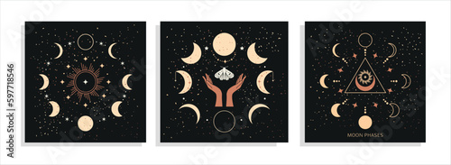 Banner set Mystical moon phases and woman hands and moth, alchemy esoteric magic space, sacred wheel of the year, vector isolated on black background