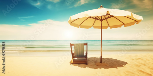 Beach chair and umbrella on beautiful beach. Travel paradise concept. Generative AI © AngrySun