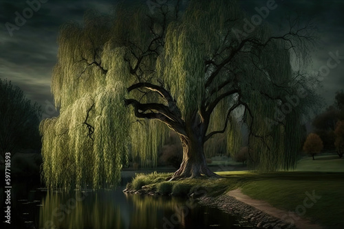 weeping willow tree in a park, Generative AI