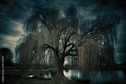 spooky weeping willow tree, Generative AI