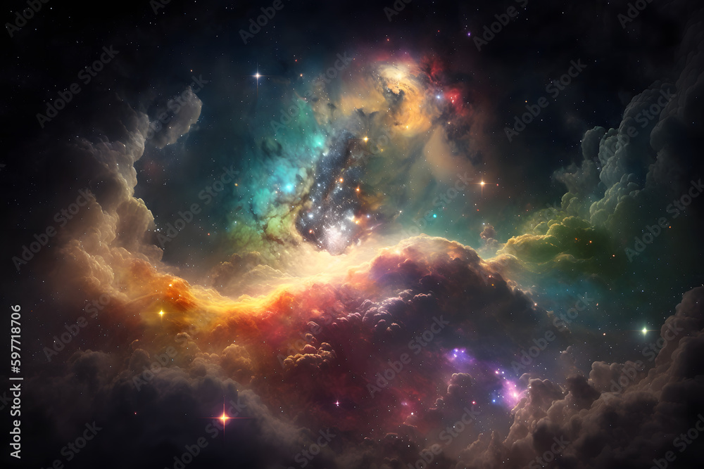 Galaxy with colorful nebula shiny stars and heavy clouds background