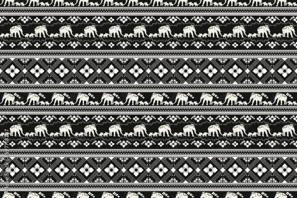 Ethnic Thai white elephants family pattern.  Seamless pattern vector Design for fabric, carpet, embroidery, tile, background and wallpaper