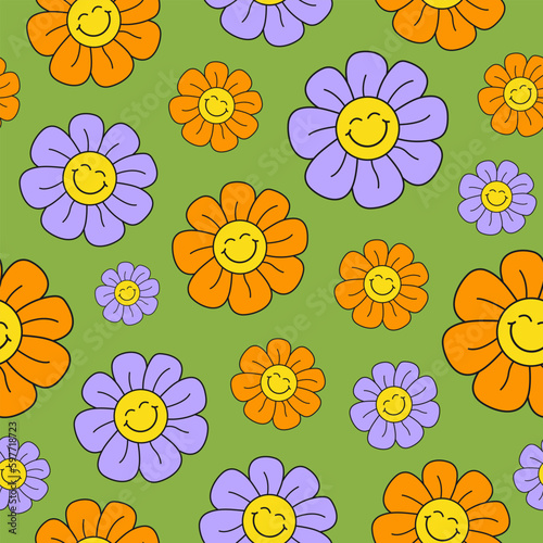 Retro groovy seamless pattern with smiling flowers on a green background. Cute colorful trendy vector illustration in style 60s, 70s © Elena