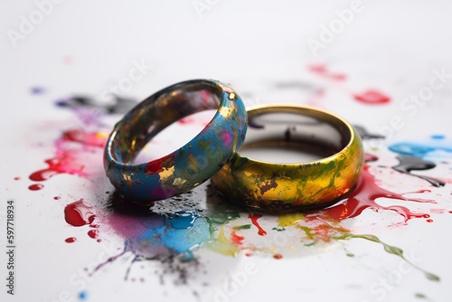wedding gold rings lie on a white background all in colored paint
