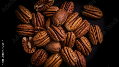 Dry organic Pecan Nuts top view background. Healthy nuts. Generative AI