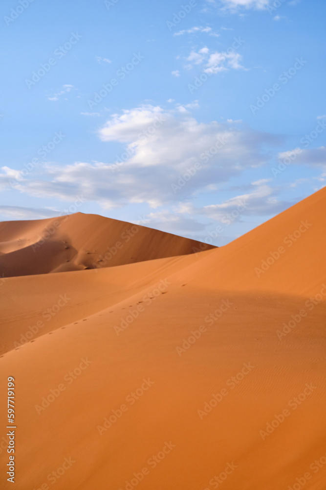 Vertical shot of dunes in Merzouga, Sahara desert, Morocco, on a sunny day. Negative space.