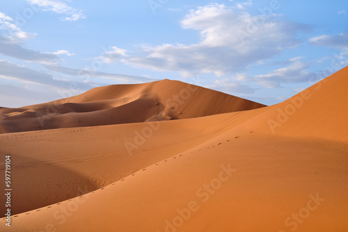 Panoramic shot of dunes in Merzouga  Sahara desert  Morocco  on a sunny day. 