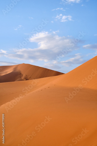 Vertical shot of dunes in Merzouga, Sahara desert, Morocco, on a sunny day. Negative space.