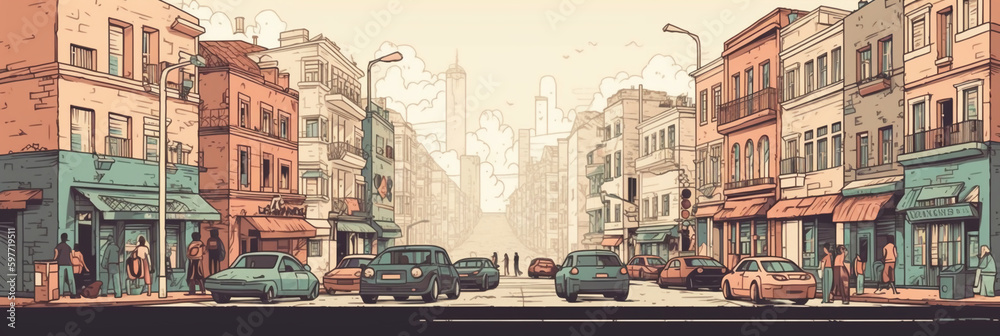 Flat 2d illustration city where people walking, some go to their work, cars on the road, high resolution. AI generative