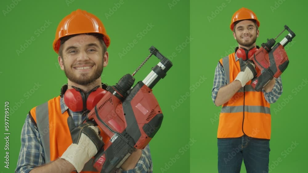 2-in-1 Split Green Screen Collage: Young Bearded Construction Worker Wearing Safety Helmet and Jacket, Work Gloves, Lifting the Perforator Up ,Looking to Camera Smiling.Multiple Clips Best Value Pack 2-in-1 Split Green Screen Collage: Young Bearded Construction Worker Wearing Safety Helmet and Jacket, Work Gloves, Lifting the Perforator Up ,Looking to Camera Smiling.Multiple Clips Best Value Pack