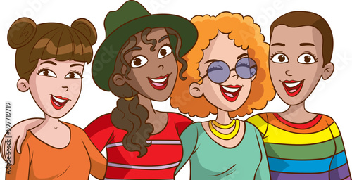 potrait of group multiculturel woman together feminist cartoon vector