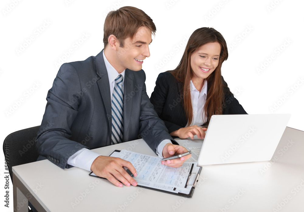 Happy Employees Using a Computer - Isolated Happy Employees Using a Computer - Isolated