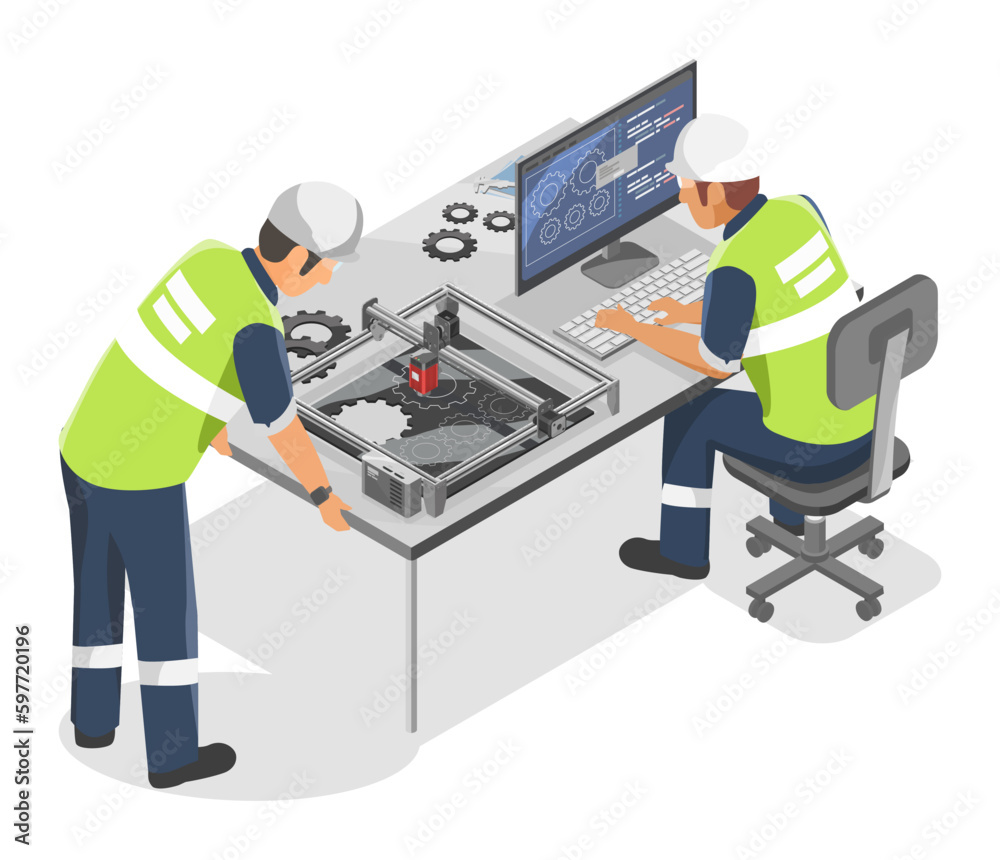 Engineer Working use Engraver industrial concept mini cnc machine in R and D Research and Development Room to build prototype production isolated isometric cartoon vector