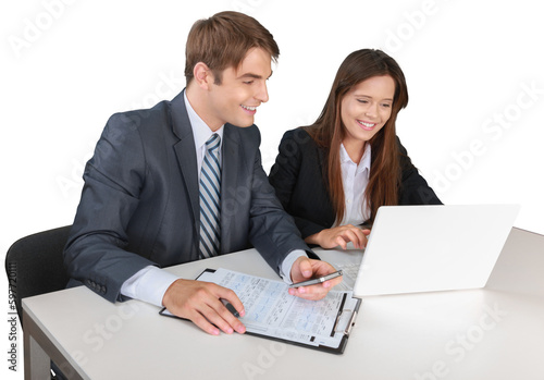 Happy Employees Using a Computer - Isolated