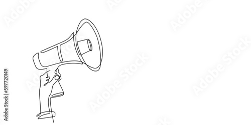 Continuous one line megaphone, loudspeaker hold by hand. Single line of horn speaker for marketing promotion, news, business concept for job offer, announcement and employee hiring in linear style
