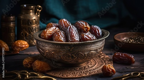 Arabian dates in a decorative bowl , Generative AI	 photo