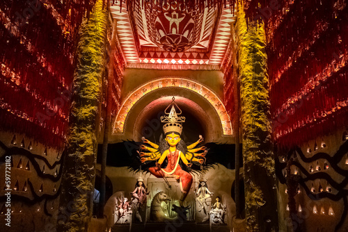 Canvas-taulu Goddess Durga devi idol decorated at puja pandal in Kolkata, West Bengal, India