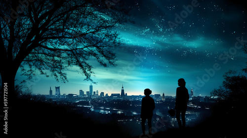 Silhouettes of two stargazing woman saying goodby  surrounded by trees and the contour of london city in the background. AI generative