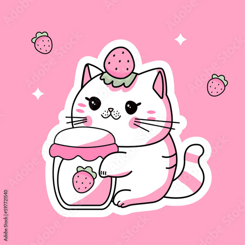 Vector cute strabrerry cat kawaii style sticker Children illustration Meow Animal print yammi berry sweet jar jam mascot yammi