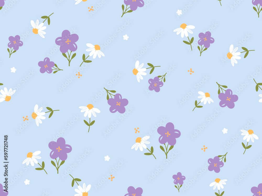 Seamless pattern with daisies and violet flower garden on blue background vector illustration. Cute floral print. Seamless pattern with daisies and violet flower garden on blue background vector illustration. Cute floral print.