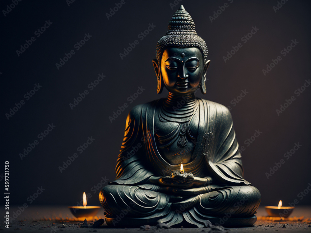 Buddha statue and candles on dark background with copy space. AI generated.