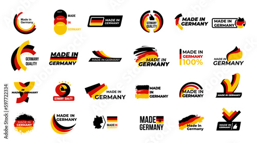 Made in Germany. Mega set of logos, labels, stickers, pointer, badge, symbol and page curl with German flag icon on design element. Collection vector illustration. Isolated on white background.
