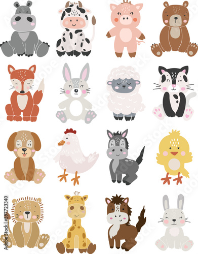 Abstract animals vector, Boho baby animals set vector, cute animals isolated, adorable safari baby for print, vector illustration