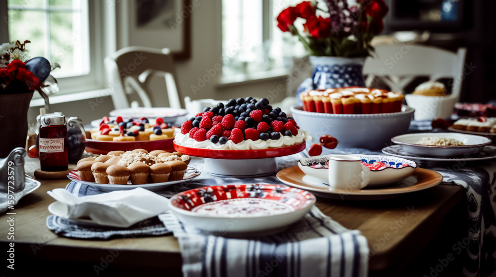 Festive Fourth of July party table settings, a celebration of American independence, shallow depth of field, Illustrative Generative AI