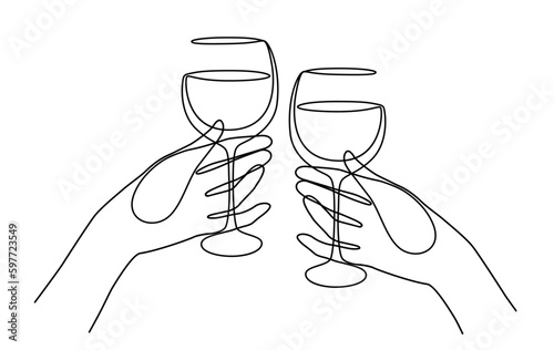 Friends raising a toast with glasses of  wine at family dinner. Hands of man and woman cheering with glasses of  wine. Friends cheering with wine glasses. Vector illustration.