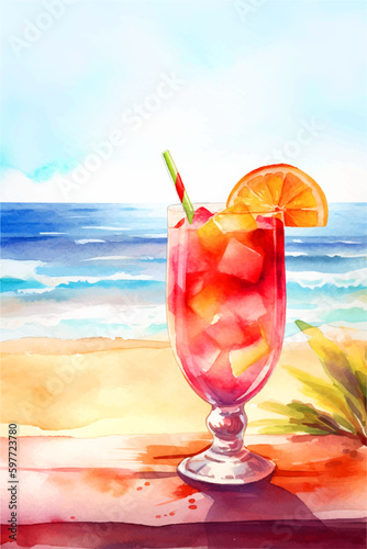 Cocktail in the seaside background. Watercolor style vector illustration.