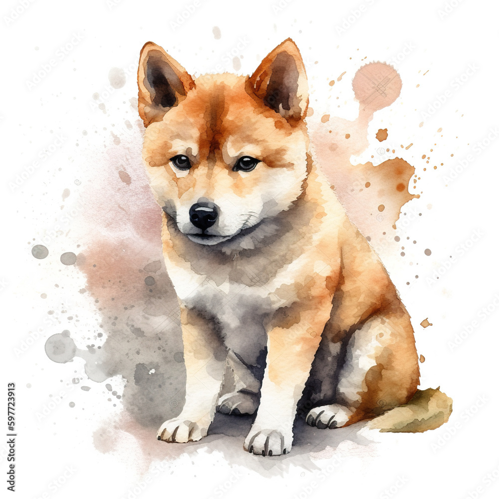 A watercolor painting of a dog sitting on the ground. AI generative.