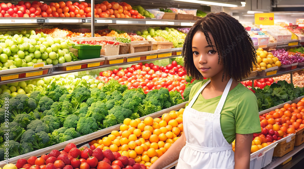Beautiful african american girl supermarket worker, on the background of vegetables and fruits. Generative AI.