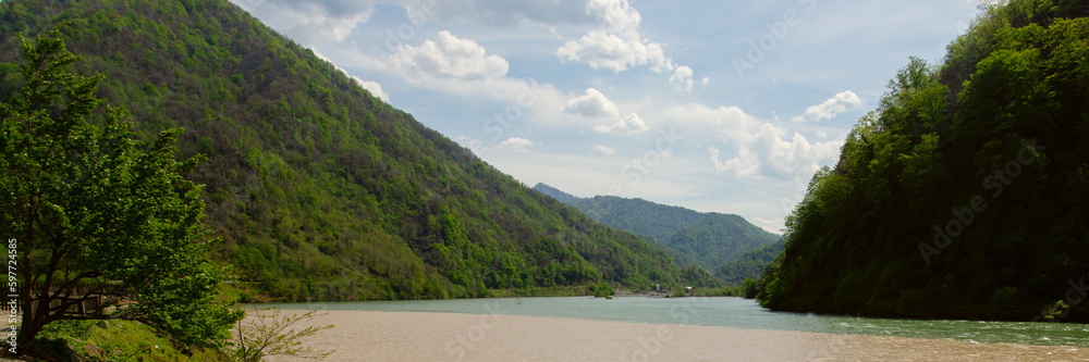 Natural mountain river landscape with a panoramic view
