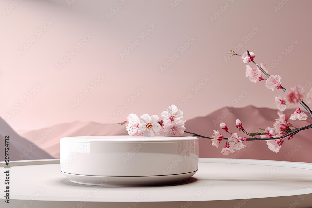 An empty podium decorated with fresh natural cherry blossoms on a pale pink background, perfect for beauty product promotion, AI generative An empty podium decorated with fresh natural cherry blossoms on a pale pink background, perfect for beauty product promotion, AI generative